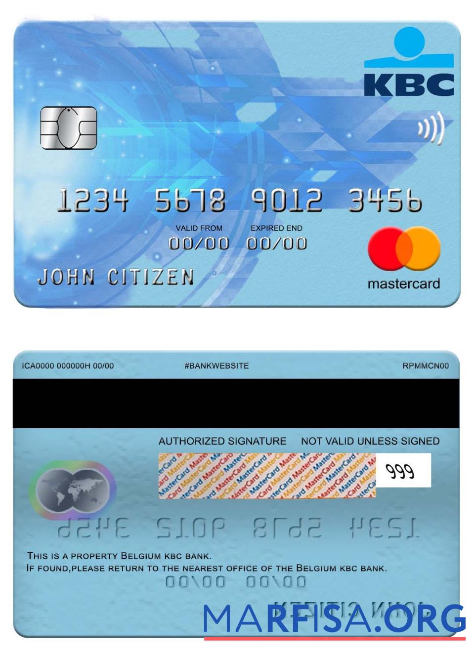 Printable Belgium KBC bank mastercard download for verification